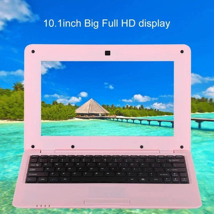 10.1 Inch Android Tablet for Everyday Browsing and Media showing pink tablet with keyboard and tropical beach on screen