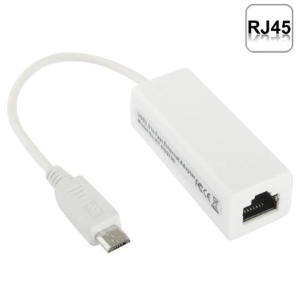 Micro USB 2.0 Ethernet Adapter for Tablets and Android TVs, 20cm Cable - white adapter with RJ45 port and micro USB plug for stable wired streaming