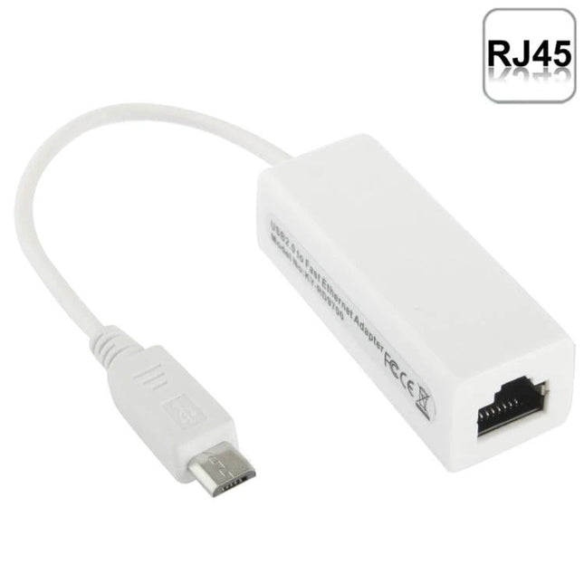 Micro USB 2.0 Ethernet Adapter for Tablets and Android TVs, 20cm Cable - white adapter with RJ45 port and micro USB plug for stable wired streaming