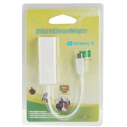 Micro USB 2.0 Ethernet Adapter for Tablets and Android TVs, 20cm Cable white adapter in retail packaging showing cable and RJ45 port