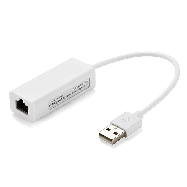 USB 2.0 Ethernet Adapter for Android TV and Tablets, 20cm Cable — white USB-to-Ethernet dongle for stable wired streaming and browsing