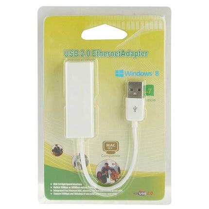 USB 2.0 Ethernet Adapter for Android TV and Tablets, 20cm Cable in retail blister pack showing white adapter and USB plug