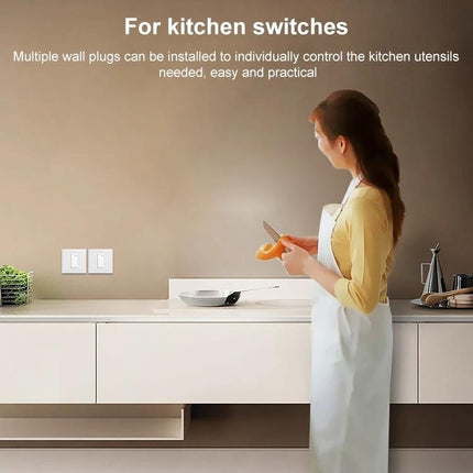 Universal Wall Plate with Screw for Ethernet and Home Theater Installations shown in kitchen wall, concealing wiring behind switches for tidy setup