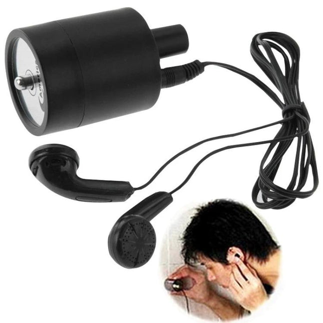 Home Ear Device for Hearing Through Walls Daily compact black stethoscope-style audio pickup with earbuds for discreet wall listening