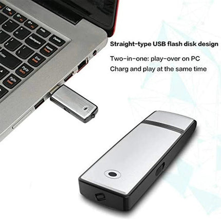Essential USB Voice Recorder for Everyday Notes and Storage plugged into laptop USB showing compact flash drive design