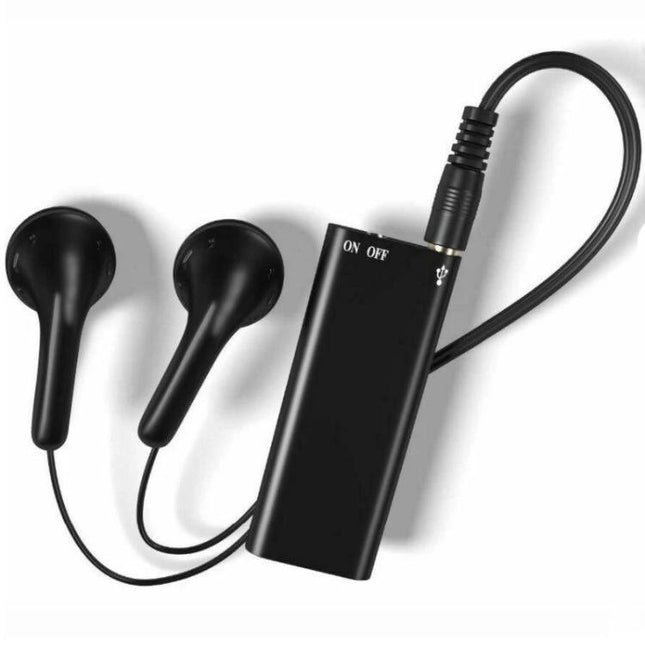 Compact recorder for daily notes and music on the go showing pocket-sized black recorder with earbuds and ON/OFF switch