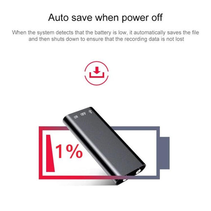 Compact recorder for daily notes and music on the go showing auto-save at low battery and 1% indicator