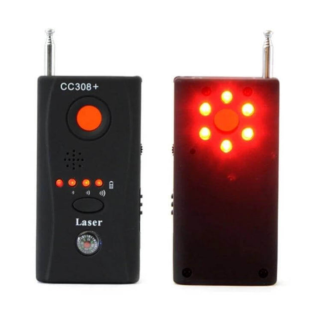 Portable Detector for Hidden Cameras and RF Signals front and back view with LEDs lit, compact black handheld unit for privacy scanning