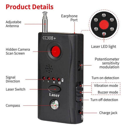 Portable Detector for Hidden Cameras and RF Signals handheld privacy scanner with laser LED, antenna, compass and rechargeable battery