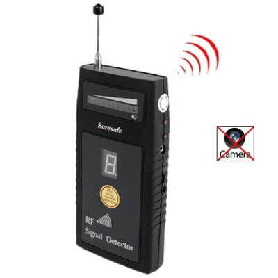 Portable RF Signal Detector for Hidden Camera and Bug Detection - handheld black RF detector with antenna, digital display and sensitivity meter