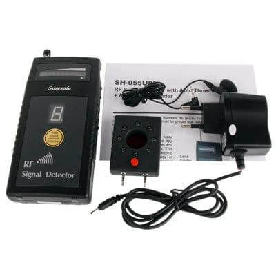 Portable RF Signal Detector for Hidden Camera and Bug Detection shown with accessories on white background