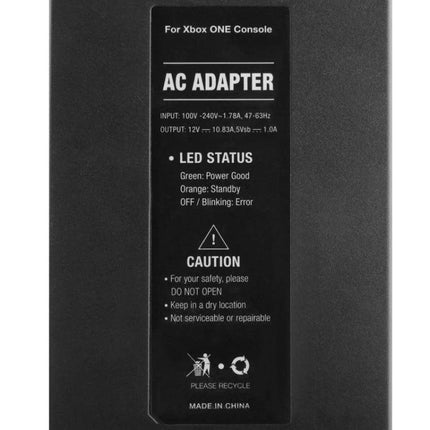 AC Adapter for Everyday Xbox One Gaming at Home - black replacement power brick showing LED status and caution label