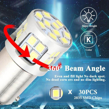 S25 30-SMD LED Bulb Turn Brake Tail Lights Cool White LED S25 30-SMD bulb showing 360° beam with 30 SMD chips for brake, turn, tail