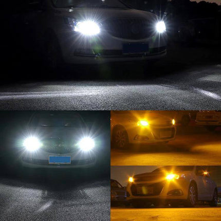 S25 30-SMD LED Bulb Turn Brake Tail Lights Cool White showing bright cool white and amber turn signal beam on car
