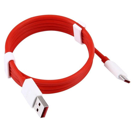OnePlus USB-C Charging Cable for Everyday Phone Use - red flat USB-A to USB-C cable coiled with white connectors