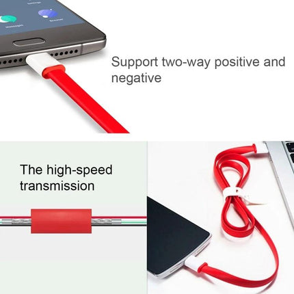 OnePlus USB-C Charging Cable for Everyday Phone Use - red flat cable showing reversible connector, high-speed transmission, and phone charging