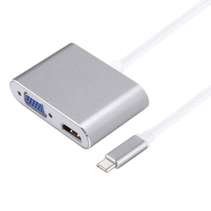 Reliable USB-C Adapter for HDMI and VGA Display Connections — compact silver USB-C to HDMI and VGA dual-output adapter for laptop presentations and monitors