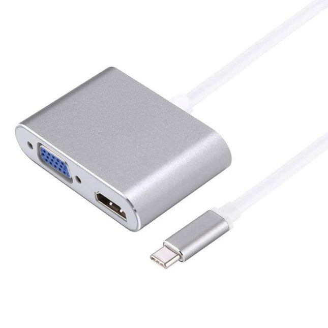 Reliable USB-C Adapter for HDMI and VGA Display Connections, silver compact adapter showing HDMI and VGA ports and USB-C cable