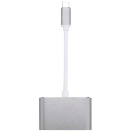 Reliable USB-C Adapter for HDMI and VGA Display Connections showing silver adapter with USB-C cable and HDMI/VGA outputs