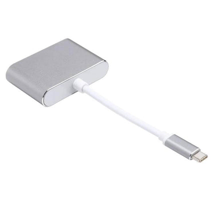 Reliable USB-C Adapter for HDMI and VGA Display Connections, compact silver dongle with HDMI and VGA ports and white cable
