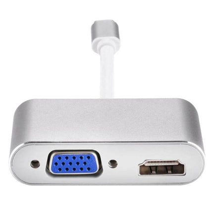 Reliable USB-C Adapter for HDMI and VGA Display Connections — compact silver adapter with HDMI and blue VGA ports for laptop to projector or monitor