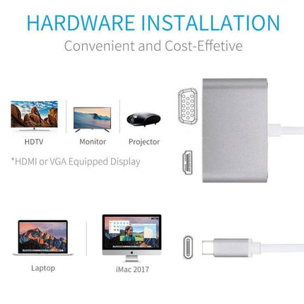 Reliable USB-C Adapter for HDMI and VGA Display Connections showing adapter plugged into laptop and outputs to HDTV monitor and projector
