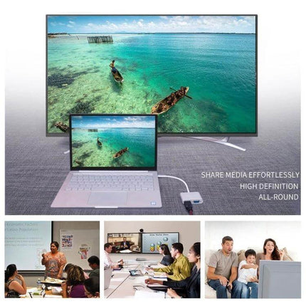Reliable USB-C Adapter for HDMI and VGA Display Connections showing laptop connected to TV and projector for presentations and home media