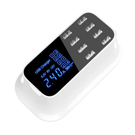 Essential USB Charging Station for Daily Home Device Needs - white 8-port USB charger with digital display for phones tablets and accessories