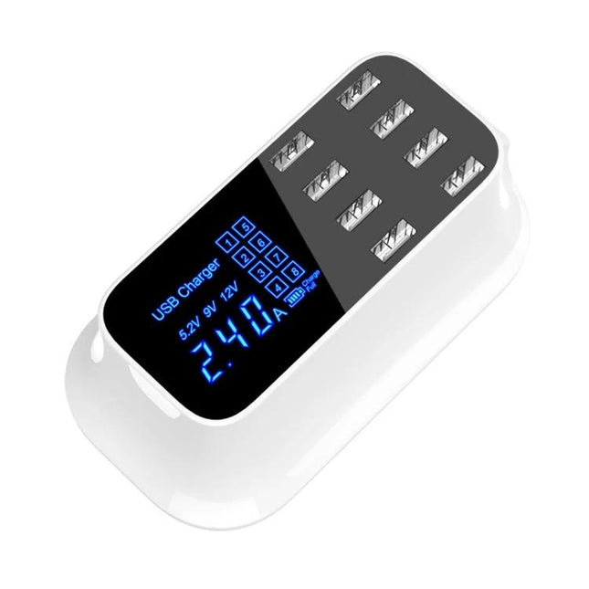 Essential USB Charging Station for Daily Home Device Needs - white 8-port USB charger with digital display for phones tablets and accessories