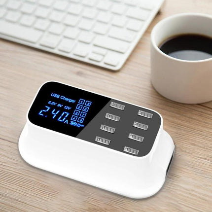 Essential USB Charging Station for Daily Home Device Needs on desk with LED display, multiple USB ports, phone and tablet charging