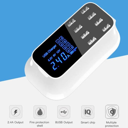 Essential USB Charging Station for Daily Home Device Needs - white 8-port USB charger with digital display for phones tablets and accessories