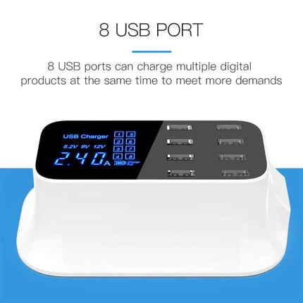 Essential USB Charging Station for Daily Home Device Needs - white 8-port USB charger with digital display for phones and tablets