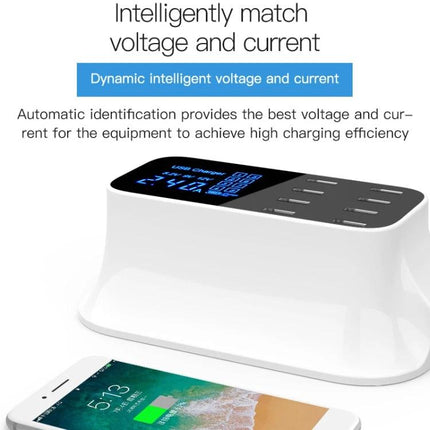Essential USB Charging Station for Daily Home Device Needs white multi-port charger with LED display on bedside table