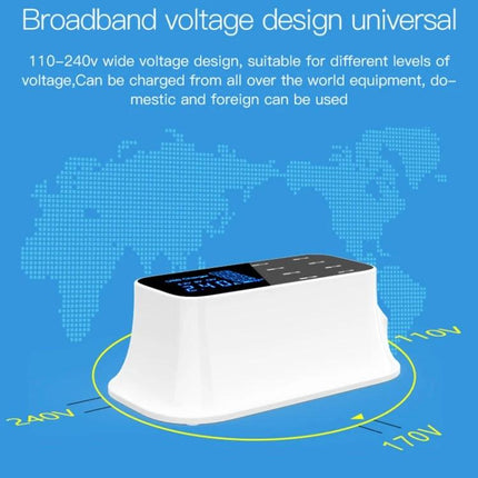 Essential USB Charging Station for Daily Home Device Needs shown on desk with digital display and universal 110–240V wide voltage design