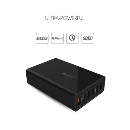 VEDFUN USB Charger for Everyday Device Powering at Home and Travel - black 60W 6-port fast charge adapter for smartphones and tablets