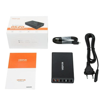 VEDFUN USB Charger for Everyday Device Powering at Home and Travel - black multi-port charger with cables and manual