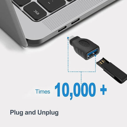 Type-C OTG Adapter for Connecting USB Devices Daily - compact USB-C to USB-A OTG adapter shown with flash drive and laptop, plug and unplug 10,000+ times