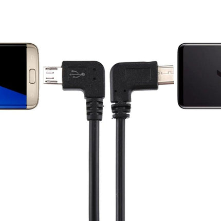 Essential USB Cable for Daily Smartphone Charging and Travel — right-angle micro USB cable connecting phone and power bank for reliable charging on desk, car, or travel