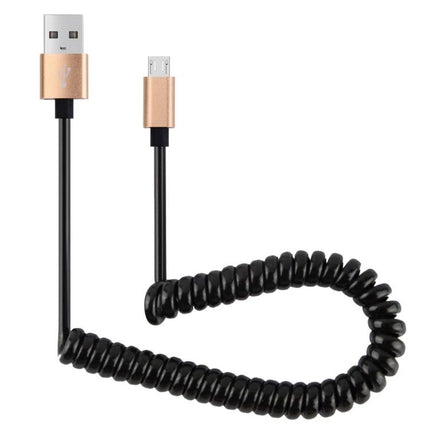 Micro USB Cable for Charging and Data Transfer in Daily Life - coiled black cable with gold micro USB and USB-A connectors