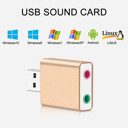 External USB Sound Card for 7.1 Channel Computer Audio Adapter small gold USB dongle with mic and headphone jacks compatible with Windows Android Linux
