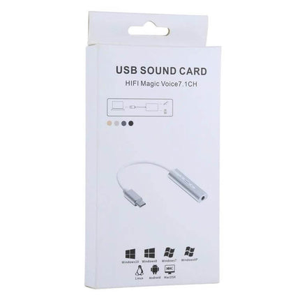 Aluminum USB-C Sound Adapter for 7.1 Channel Audio Enhancement in white packaging showing adapter and compatibility icons