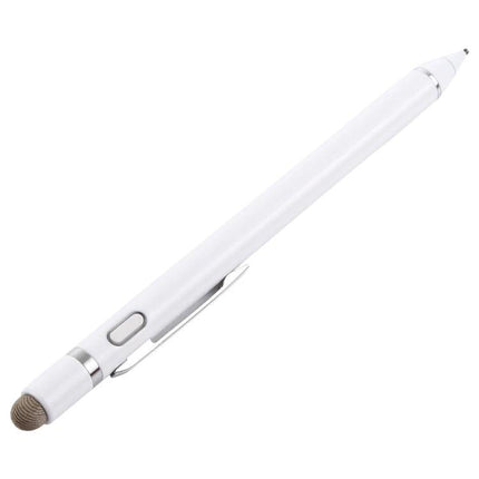 Active Rechargeable Stylus Pen for Precise Touch Screen Writing in white with clip, ergonomic button and soft mesh tip