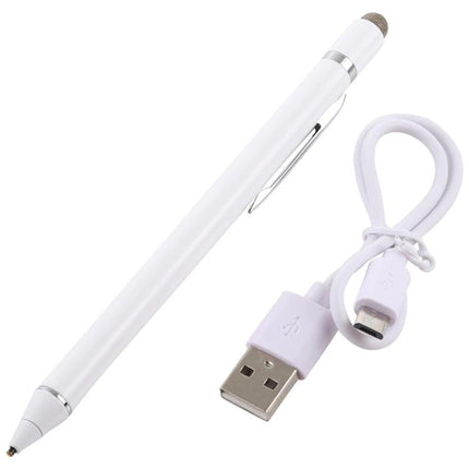 Active Rechargeable Stylus Pen for Precise Touch Screen Writing - white stylus with clip and USB charging cable