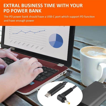 USB-C Laptop Charging Cable for Compatible Devices, 1.5 Meters - laptop charged via USB-C PD power bank showing 4.0x1.7mm connector