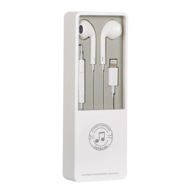 Stereo Earphones With 8 Pin Connector For Commuting And Calls shown in white with inline controls and compact cable in box