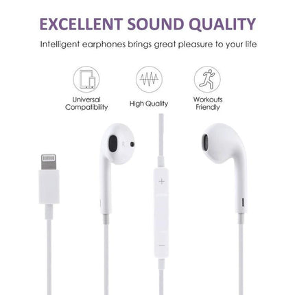 Stereo Earphones With 8 Pin Connector For Commuting And Calls wired white earbuds with in-line controls and compact cable