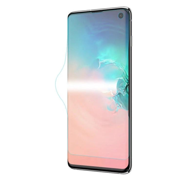 ENKAY Hat-Prince Hydrogel Screen Protector for Galaxy S10 on Samsung Galaxy S10 showing flexible, clear coverage preserving touch sensitivity