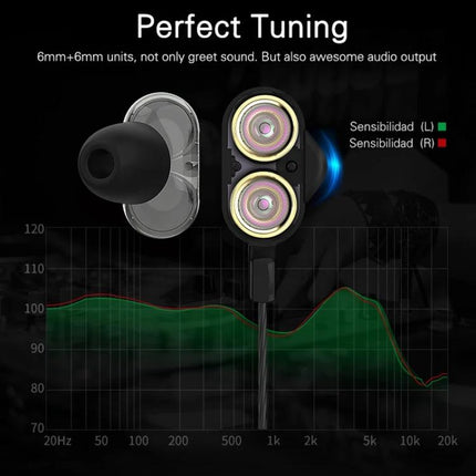 Langsdom Wired In Ear Headset With Comfort Fit For Commuting showing dual moving coil drivers and frequency response graph