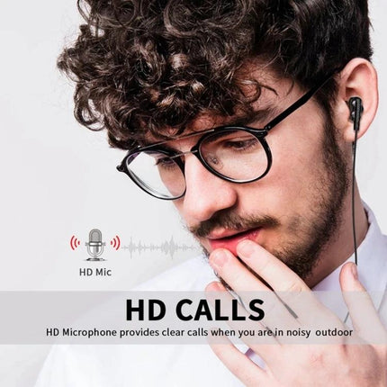 Langsdom Wired In Ear Headset With Comfort Fit For Commuting showing man using wired earbuds with mic