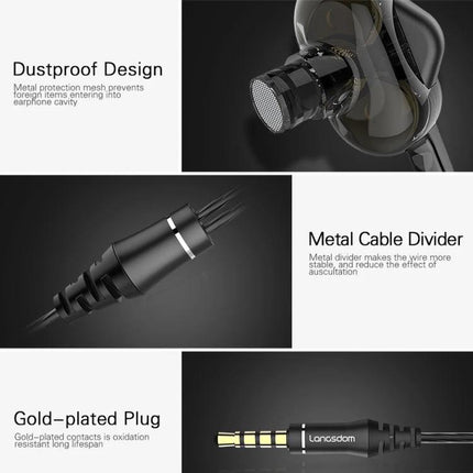 Langsdom Wired In Ear Headset With Comfort Fit For Commuting showcasing dustproof earbud mesh, metal cable divider, gold-plated 3.5mm plug